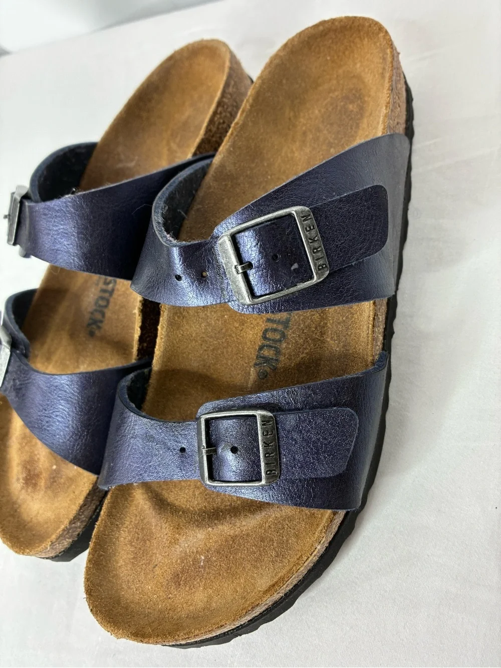Birkenstock metallic Blue Leather Sandals EU 39 US 8 Narrow Double Strap - Picture 3 of 8